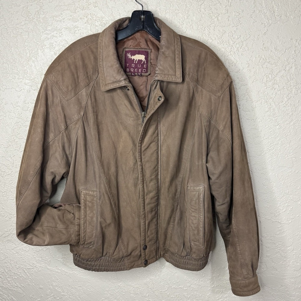 VTG True Breed Men's Distressed Brown Leather Retro Bomber Jacket Size L Aviator